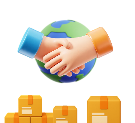 Handshake above planet Earth and transport boxes below